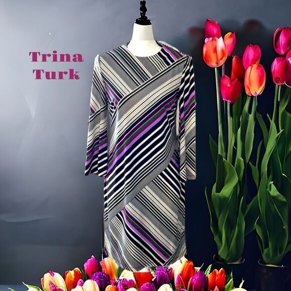 TRINA TURK NWT MULTI COLORED STRIPED SHIFT DRESS KEY HOLE DETAIL ON BACK SMALL - Picture 1 of 13
